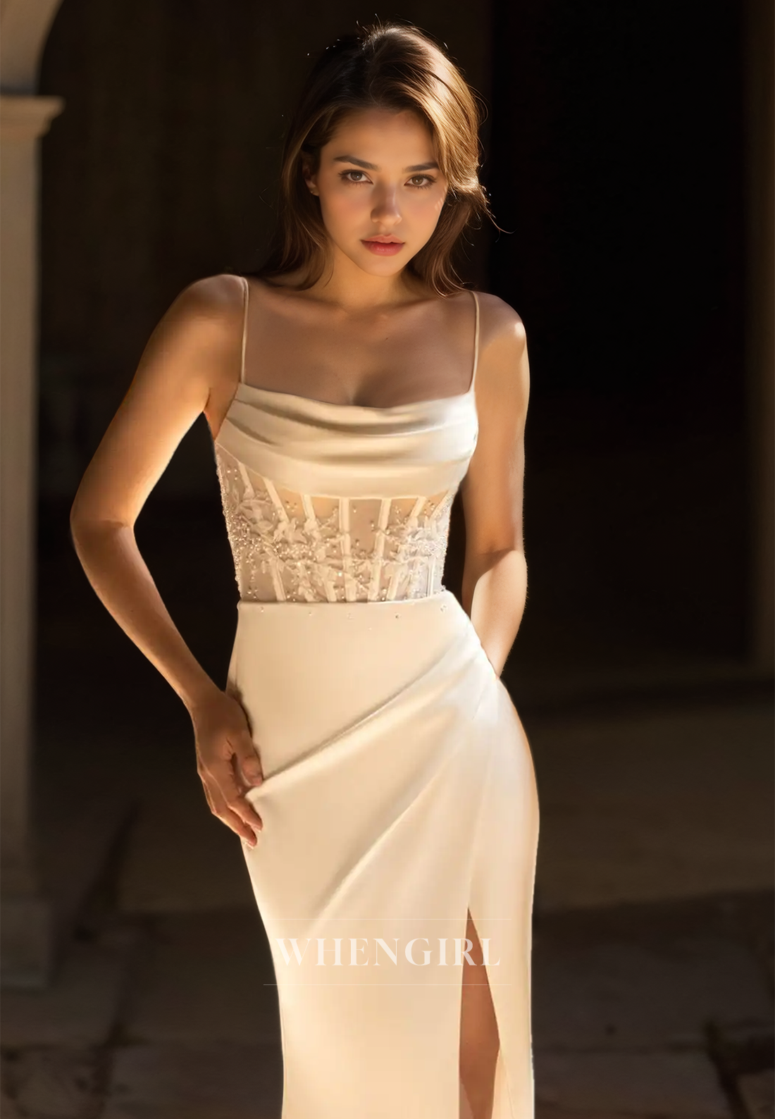 Square Neck Spaghetti Straps Sheath Appliques Satin High Slit Wedding Dress with Beads Bridal Gowns