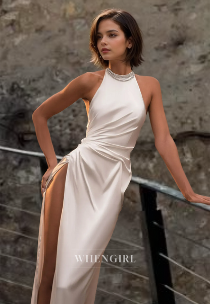 Halter Neck Sleeveless High Slit Train Pleats Satin Beach Wedding Dress Boho Gowns with Beads