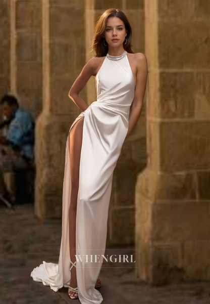 Halter Neck Sleeveless High Slit Train Pleats Satin Beach Wedding Dress Boho Gowns with Beads