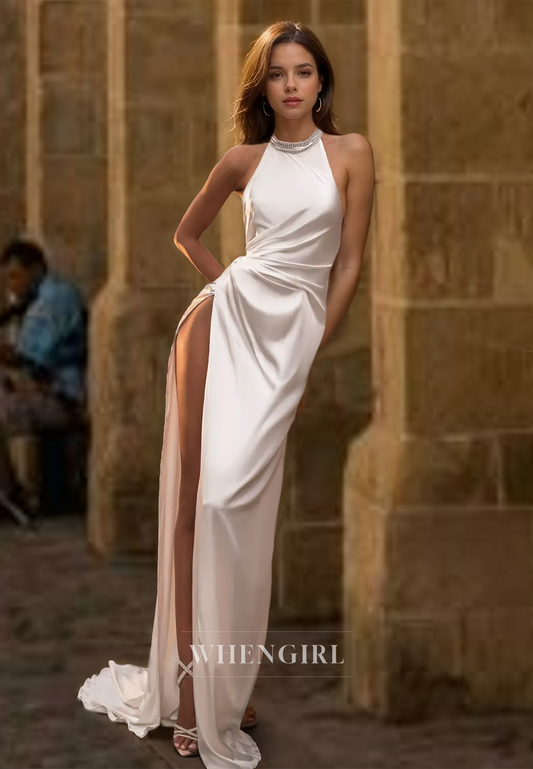 Halter Neck Sleeveless High Slit Train Pleats Satin Beach Wedding Dress Boho Gowns with Beads