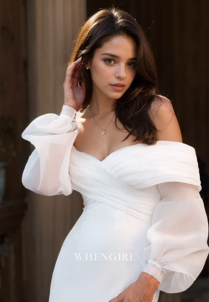 Off-Shoulder Long Sleeves Mermaid Ruched Lace Wedding Dress with Train Bridal Gowns