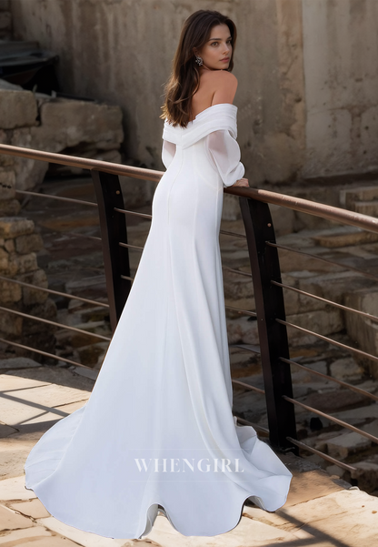 Off-Shoulder Long Sleeves Mermaid Ruched Lace Wedding Dress with Train Bridal Gowns