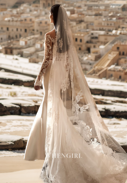 High Neck Long Sleeves Sheath Train Stripe Sheer Satin Bridal Gowns with Appliques Wedding Dress