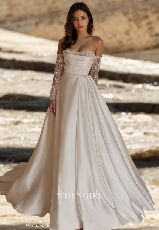 Tube Top Long Sleeves A-Line Sweep Train Stripe Pleated Satin Wedding Dress with Beads Bridal Gowns