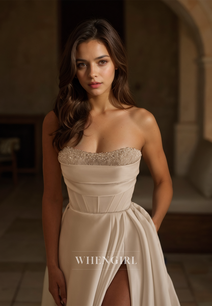 Tube Top Long Sleeves A-Line Sweep Train Stripe Pleated Satin Wedding Dress with Beads Bridal Gowns