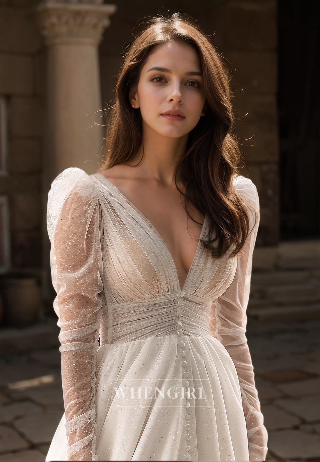 A-Line V-Neck Long Sleeves High Split Pleated Glitter Lace Wedding Dress with Train Bridal Gowns