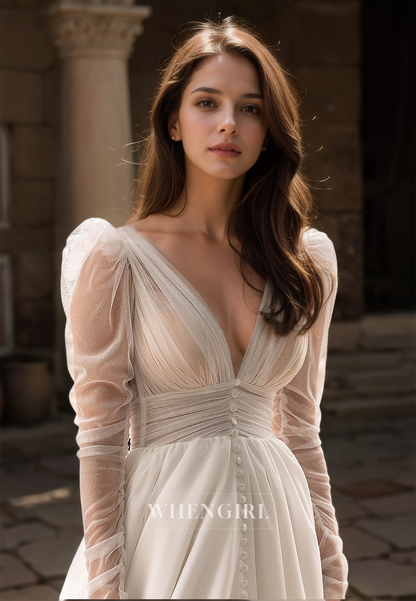 A-Line V-Neck Long Sleeves High Split Pleated Glitter Lace Wedding Dress with Train Bridal Gowns