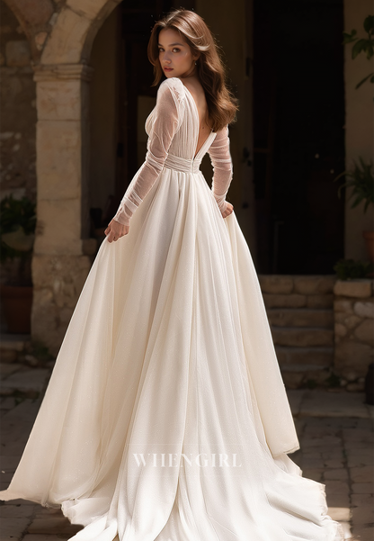 A-Line V-Neck Long Sleeves High Split Pleated Glitter Lace Wedding Dress with Train Bridal Gowns