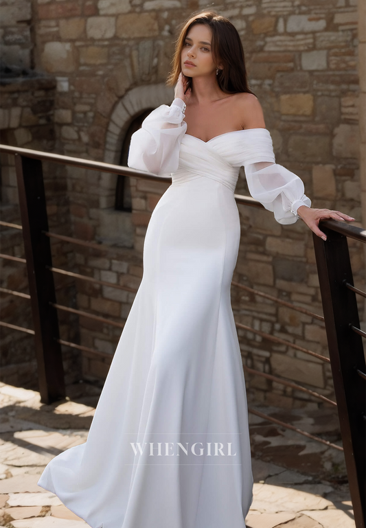 Off-Shoulder Long Sleeves Mermaid Ruched Lace Wedding Dress with Train Bridal Gowns
