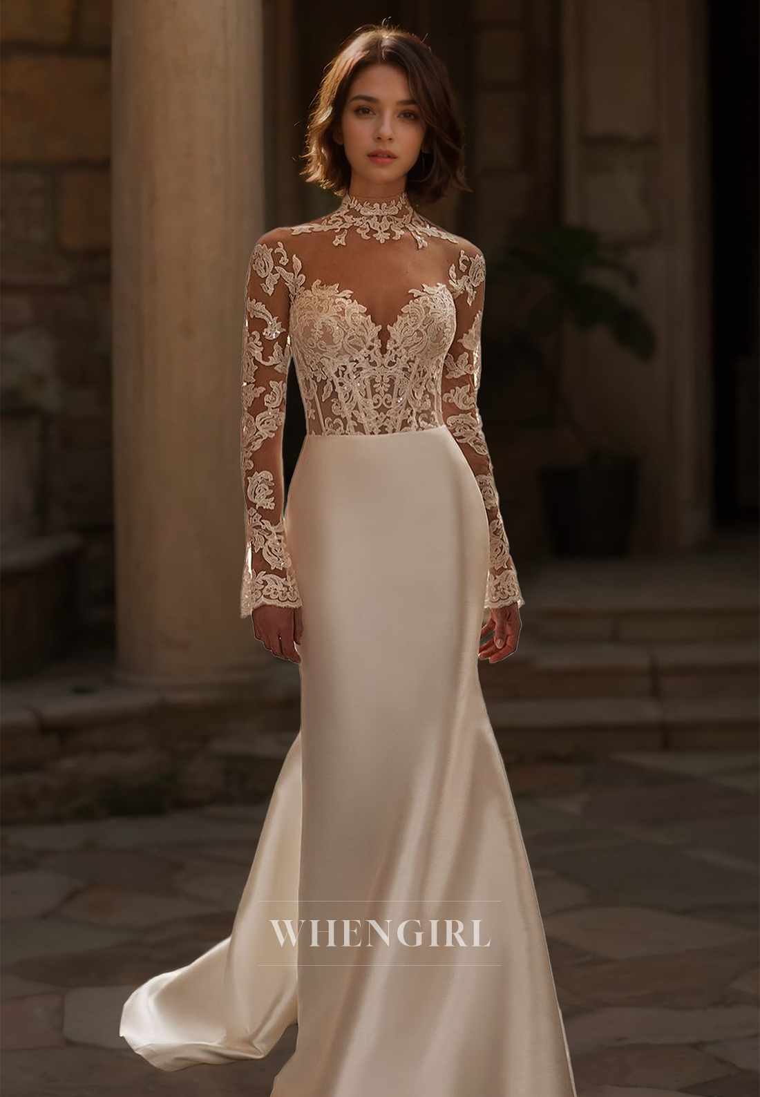 High Neck Long Sleeves Sheath Train Stripe Sheer Satin Bridal Gowns with Appliques Wedding Dress