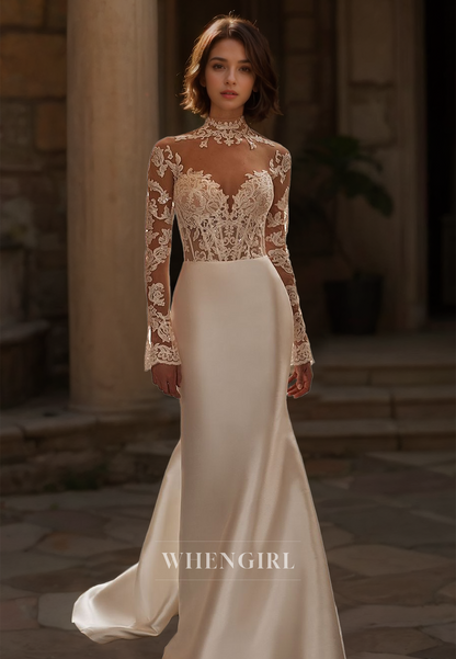 High Neck Long Sleeves Sheath Train Stripe Sheer Satin Bridal Gowns with Appliques Wedding Dress