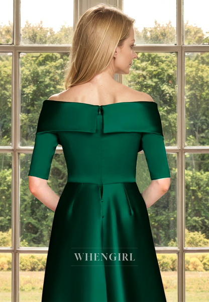 Off-Shoulder A-Line Half Sleeves Floor-Length Ruced Satin Cocktail Gowns Mother of Bride Dress