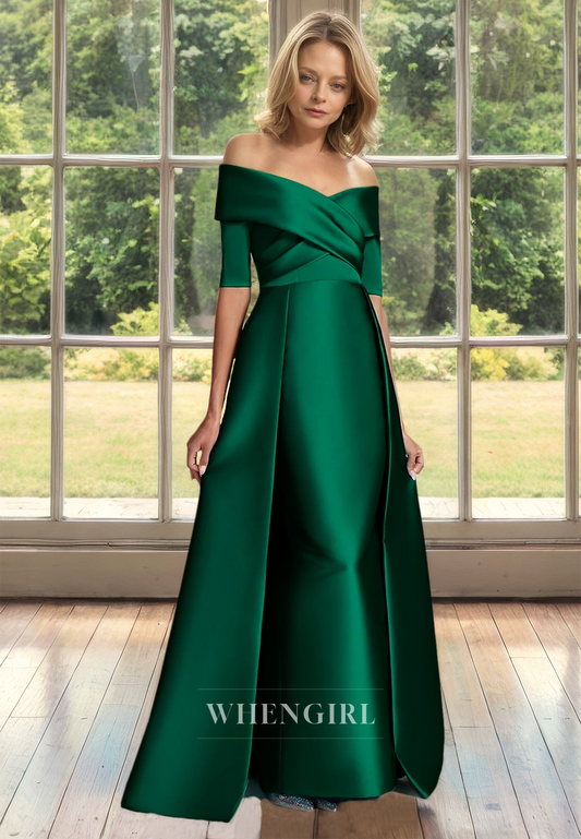 Off-Shoulder A-Line Half Sleeves Floor-Length Ruced Satin Cocktail Gowns Mother of Bride Dress