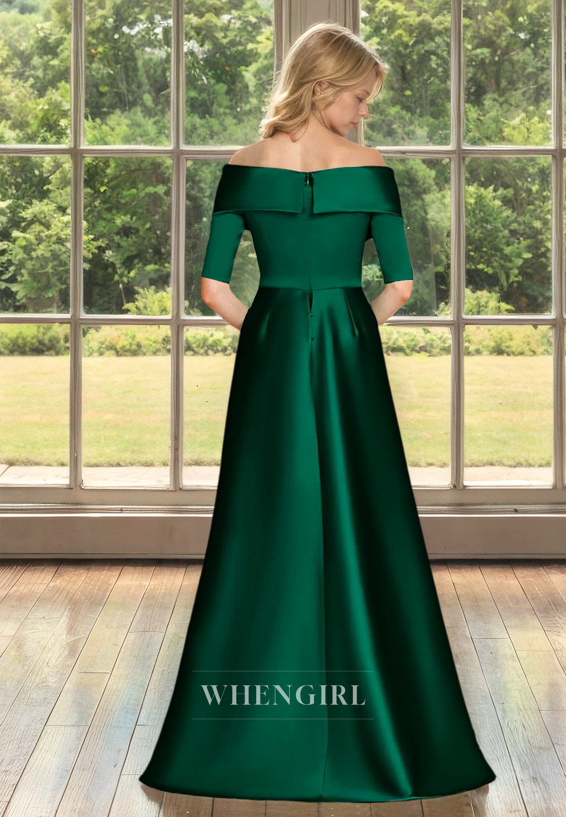Off-Shoulder A-Line Half Sleeves Floor-Length Ruced Satin Cocktail Gowns Mother of Bride Dress