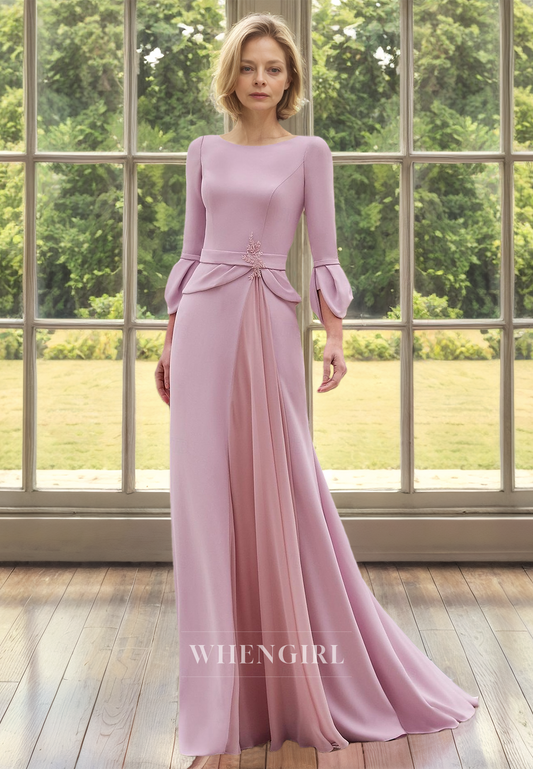 Scoop Neck Long Sleeves Sheath Pleats Satin Mother of Bride with Appliques Cocktail Dress