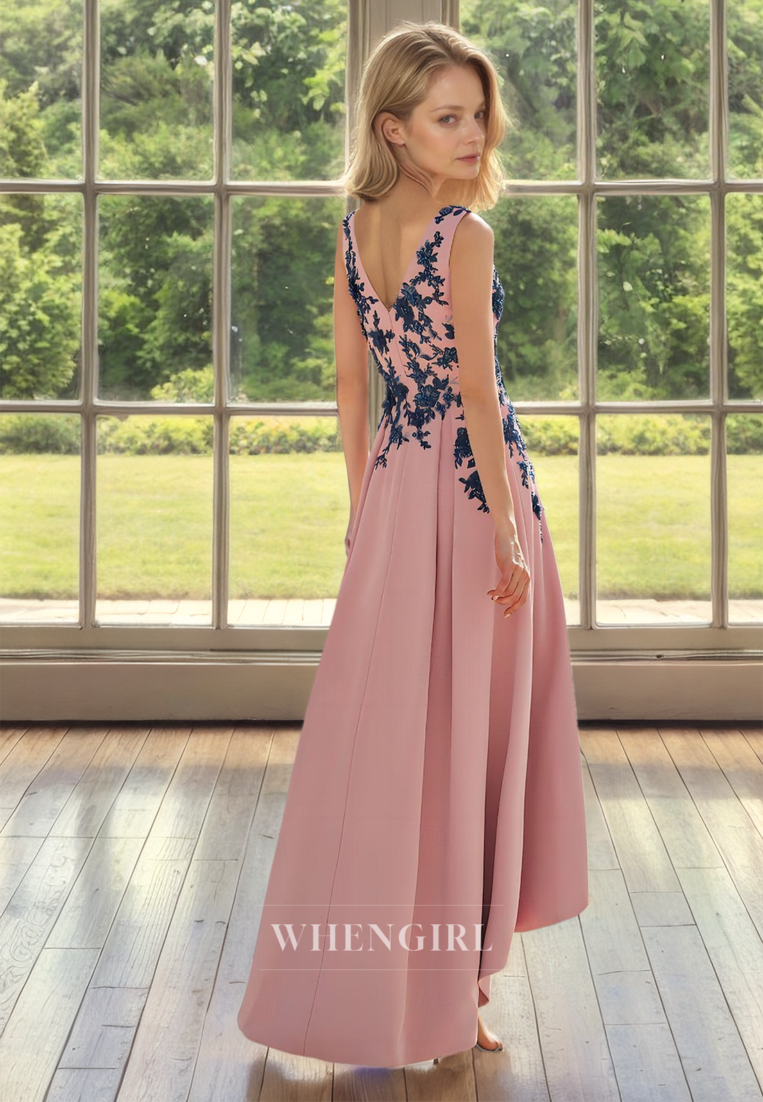 A-Line V-Neck Straps Sleeveless High Low Pleats Satin Mother of Bride with Appliques Cocktail Gown