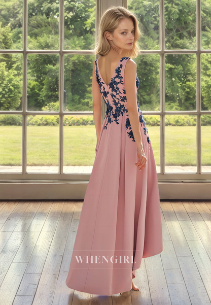 A-Line V-Neck Straps Sleeveless High Low Pleats Satin Mother of Bride with Appliques Cocktail Gown