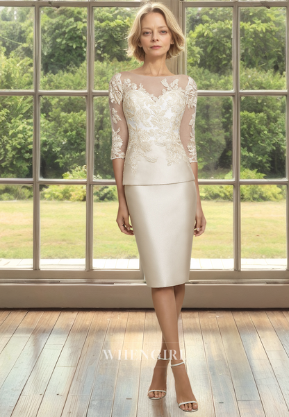 Scoop Neck Half Sleeves Sheath Knee-Length Satin Mother of Birde with Appliques Cocktail Gowns