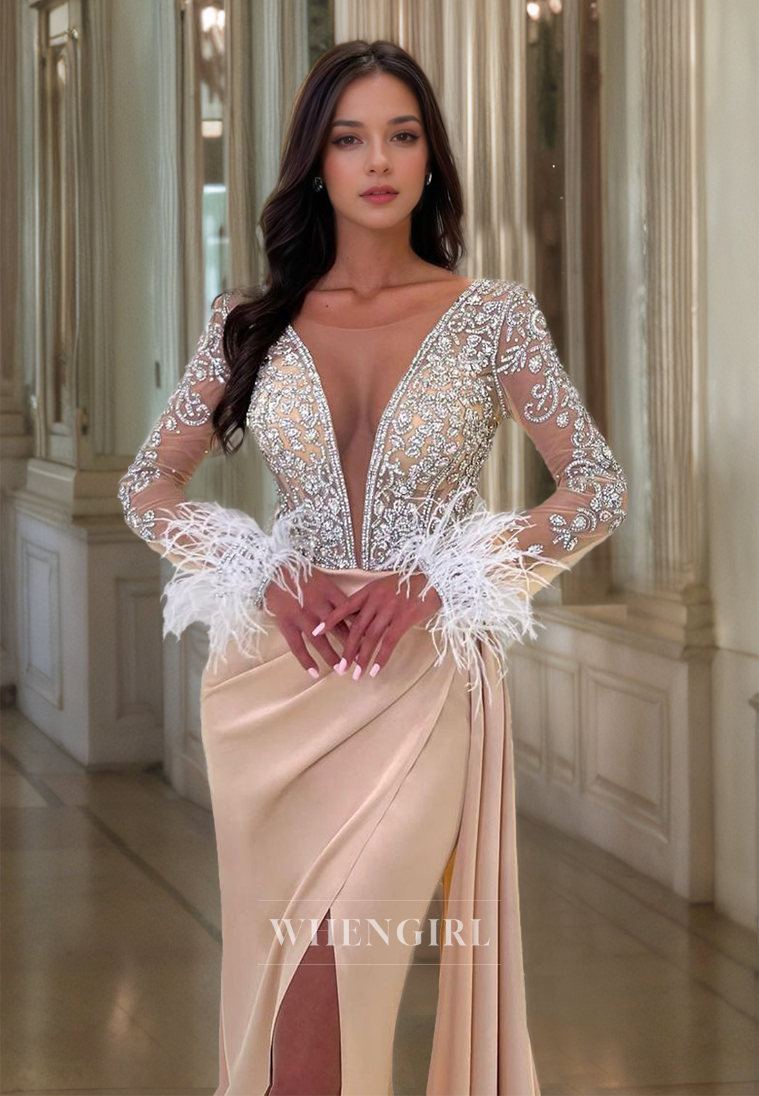 Deep V-Neck Long Sleeves Sheath High Slit Beaded Pleats Satin Prom Dress with Feather Party Dress