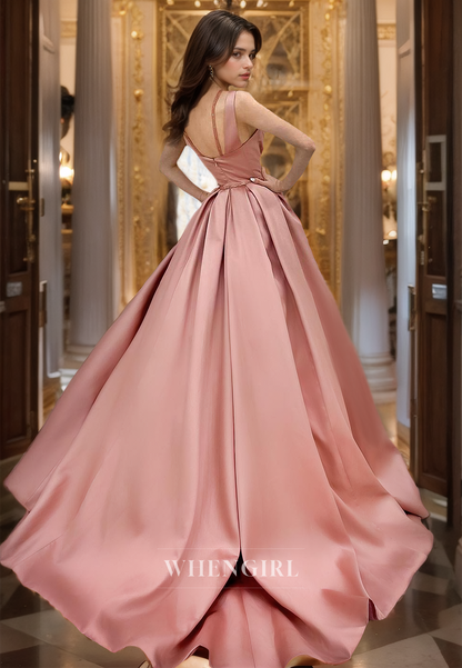 A-Line V-Neck Sleeveless Sweep Train Pleated Satin Prom Dress Evening Dress with Beads