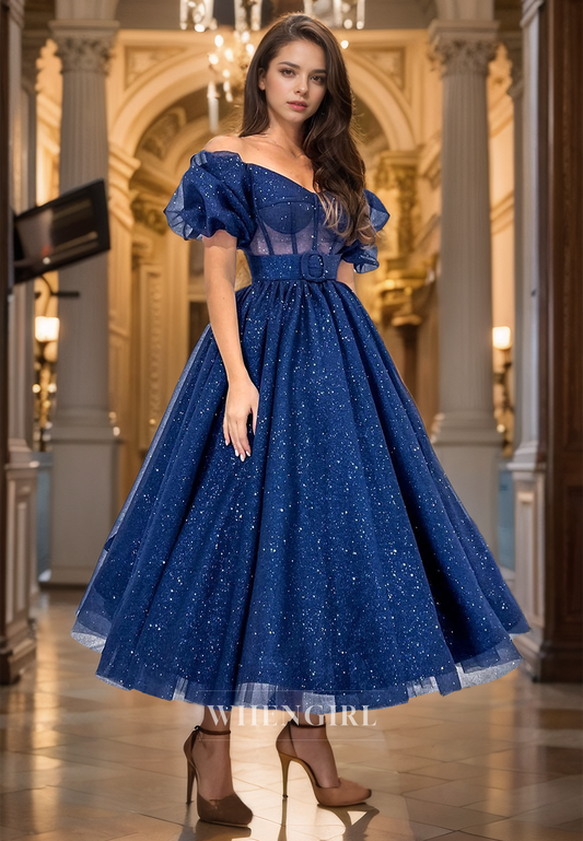 A-Line V-Neck Short Sleeves Ankle-Length Glitter Lace Prom Dress with Pleats Party Dress