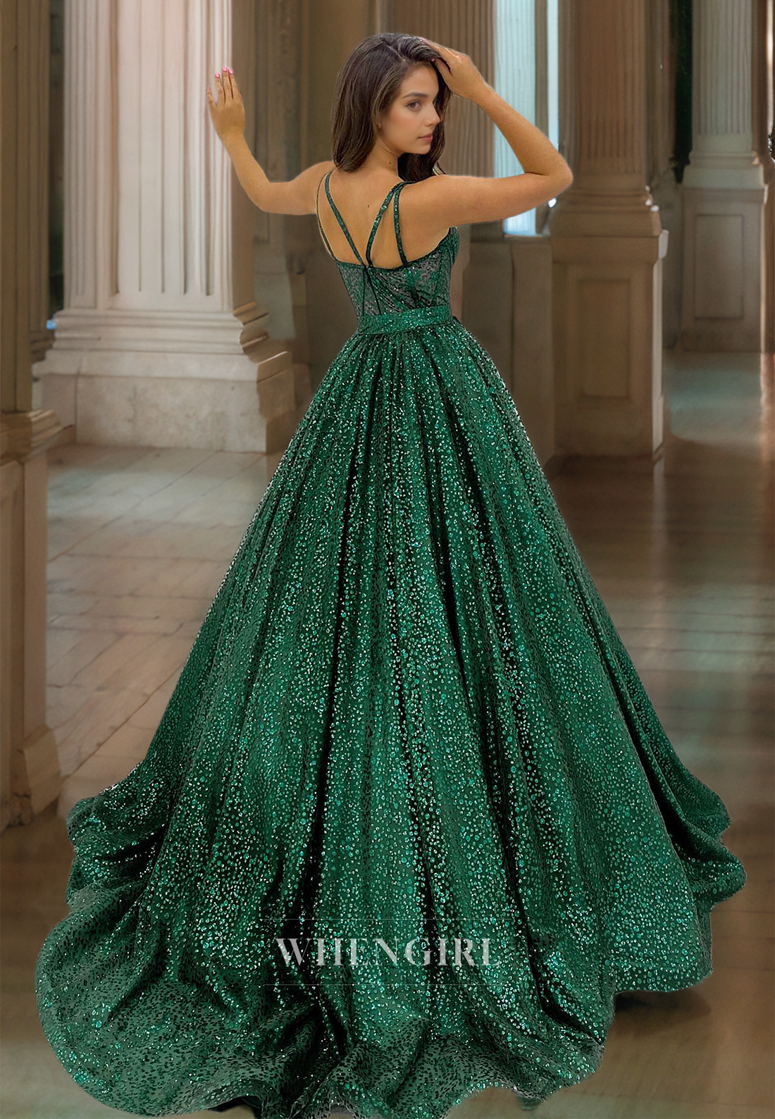 Spaghetti Straps A-Line Sleeveless Sweep Train Pleats Glitter Prom Dress with Belt Party Gown