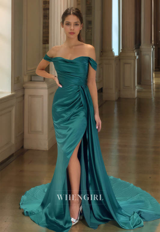 Off-Shoulder Sheath Prom Dress Sleeveless High Split Pleated Satin Formal Gowns with Train