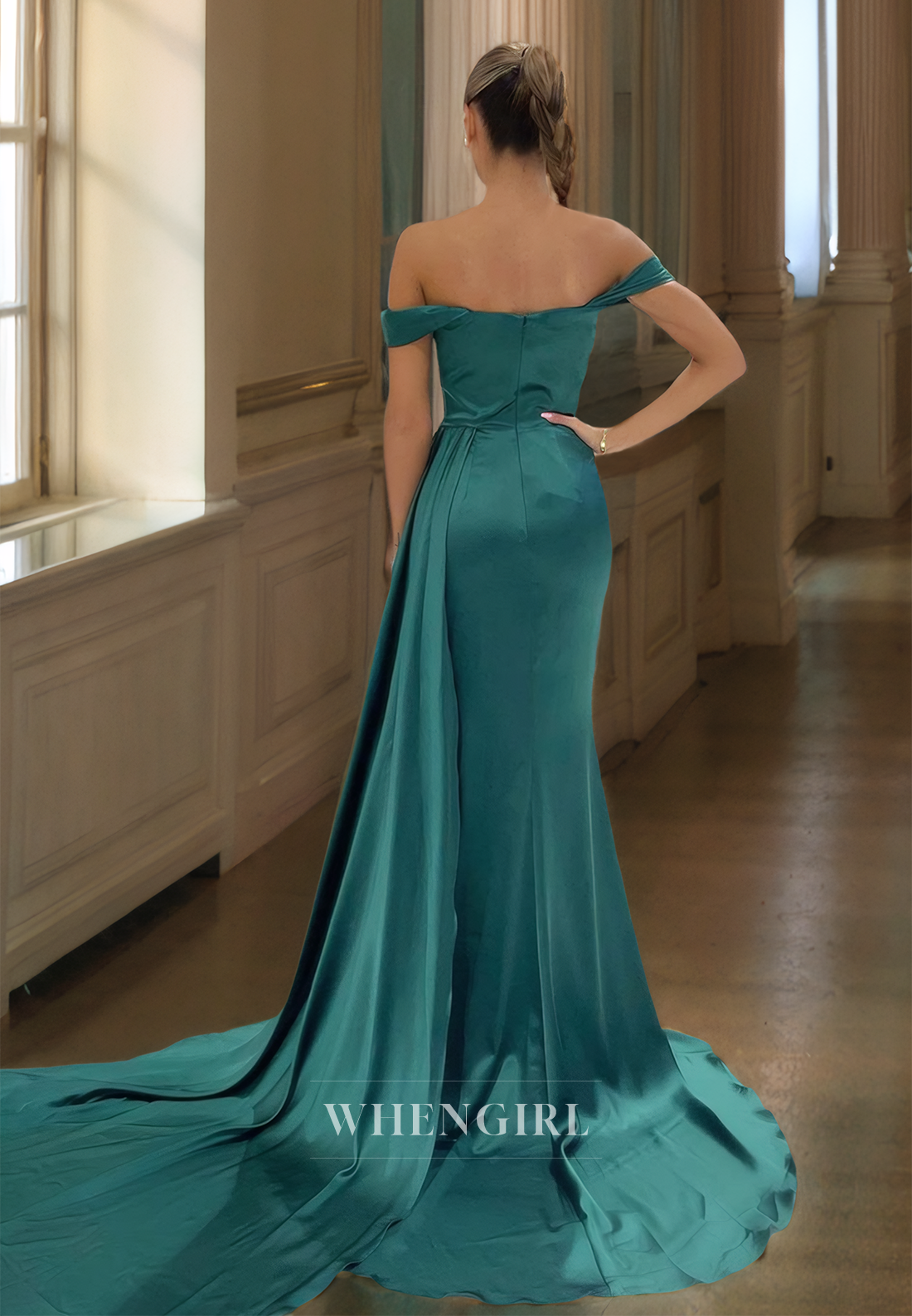 Off-Shoulder Sheath Prom Dress Sleeveless High Split Pleated Satin Formal Gowns with Train