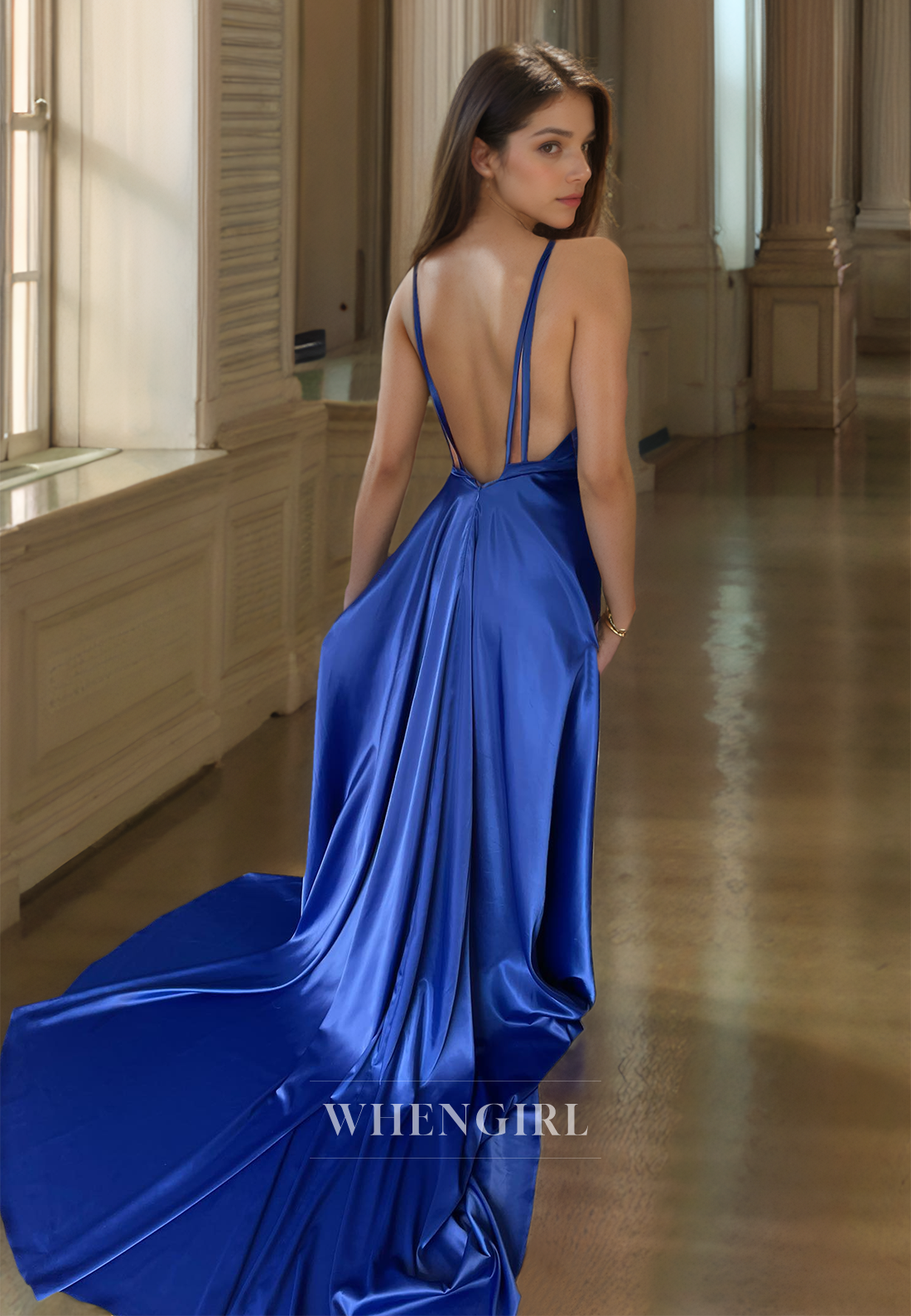 V-Neck Straps Sheath High Split Pleated Satin Prom Dress Formal Gowns with Sweep Train