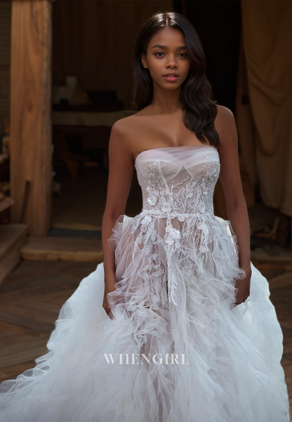 Tube Top A-Line Sleeveless Sweep Train Ruched Lace Beach Wedding Dress with Sequins Boho Gowns