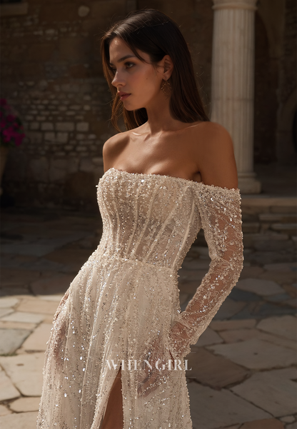 Tube Top Long Sleeves High Slit Sheath Stripe Seuqins Lace Wedding Dress with Train Bridal Gowns