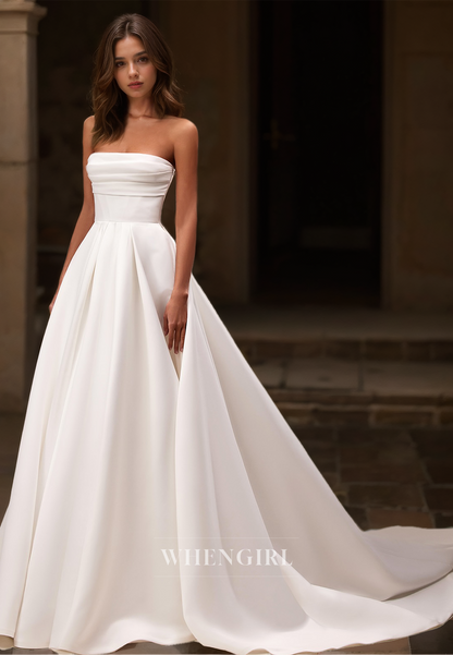 Tube Top A-Line Sleeveless Sweep Train Pleated Satin Bridal Dress Wedding Dress with Bow