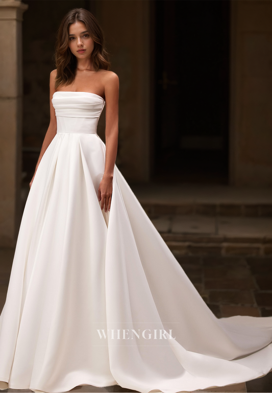 Tube Top A-Line Sleeveless Sweep Train Pleated Satin Bridal Dress Wedding Dress with Bow