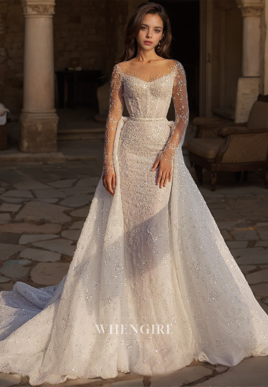 Scoop Neck Long Sleeves Sheath Beads Lace Wedding Dress with Detachable Overskirt Bridal Gowns