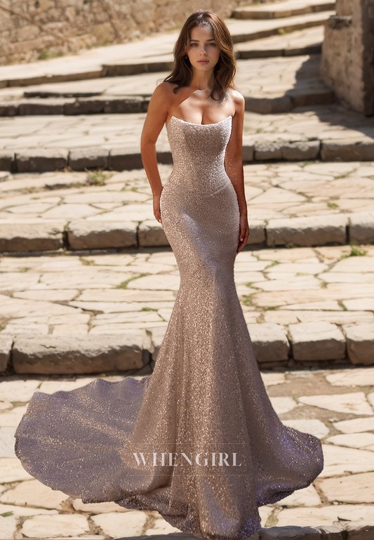 Tube Top Sleeveless Sweep Train Mermaid Glitter Knit Wedding Dress Bridal Gowns