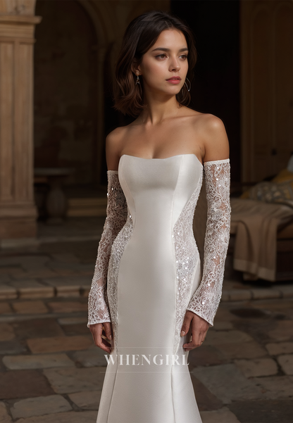 Tube Top Long Sequins Sleeves Mermaid SatinWedding Dress Bridal Gowns with Train