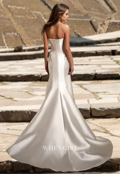 Tube Top Long Sequins Sleeves Mermaid SatinWedding Dress Bridal Gowns with Train