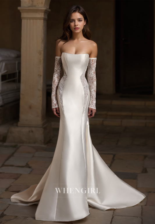 Tube Top Long Sequins Sleeves Mermaid SatinWedding Dress Bridal Gowns with Train