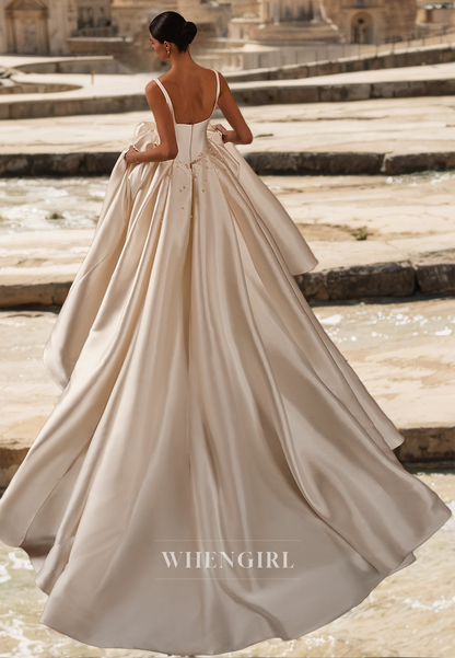 Sweetheart A-Line Straps Sleeveless Brush Train Pleated Satin Wedding Dress Bridal Gowns with Beads