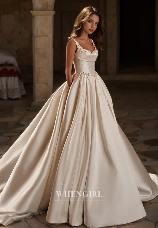 Sweetheart A-Line Straps Sleeveless Brush Train Pleated Satin Wedding Dress Bridal Gowns with Beads