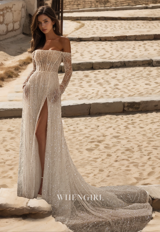 Tube Top Long Sleeves High Slit Sheath Stripe Seuqins Lace Wedding Dress with Train Bridal Gowns