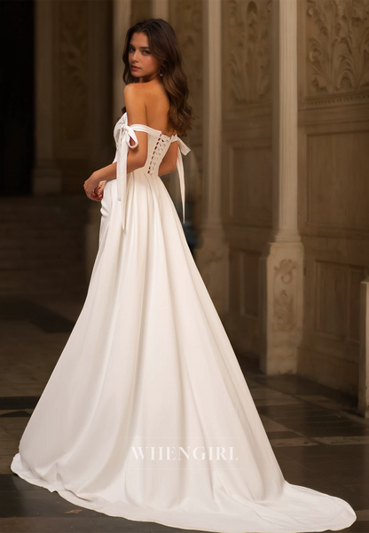 Sweetheart Sheath High Split Sweep Train Pleated Satin Wedding Dress Bridal Gowns with Bows