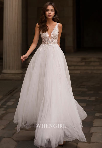 A-Line V-Neck Straps Sleeveless Florr-Length Lace Boho Wedding Dress Beach Dress with Appliques
