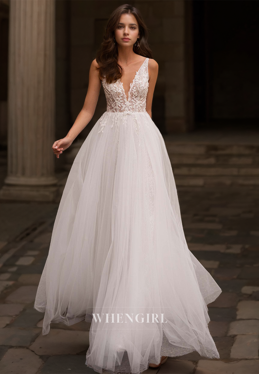 A-Line V-Neck Straps Sleeveless Florr-Length Lace Boho Wedding Dress Beach Dress with Appliques