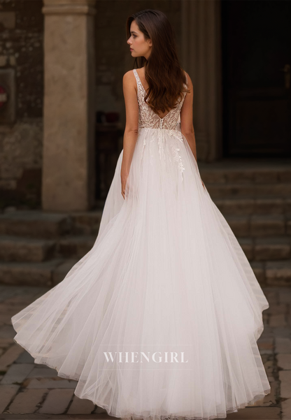 A-Line V-Neck Straps Sleeveless Florr-Length Lace Boho Wedding Dress Beach Dress with Appliques