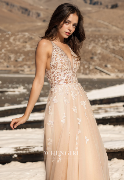Spaghetti Straps A-Line V-Neck Sleeveless Pleats Lace Beach Wedding Dress with Appliques Boho Gowns