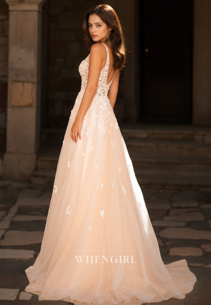 Spaghetti Straps A-Line V-Neck Sleeveless Pleats Lace Beach Wedding Dress with Appliques Boho Gowns