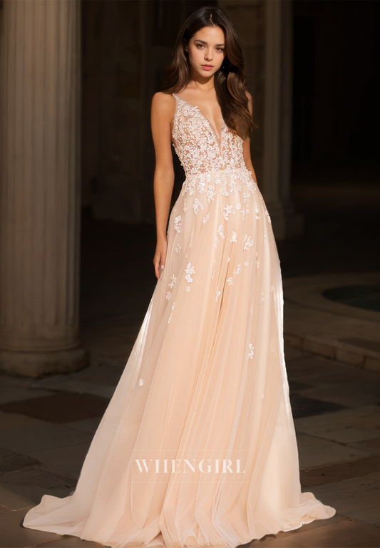 Spaghetti Straps A-Line V-Neck Sleeveless Pleats Lace Beach Wedding Dress with Appliques Boho Gowns