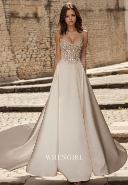 A-Line Sweetheart Sleeveless Brush Train Pleated Satin Wedding Dress Bridal Gowns with Beads