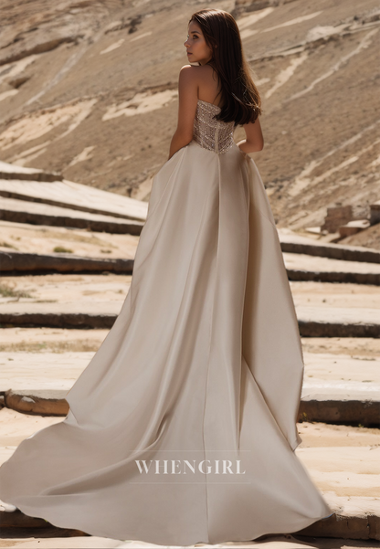 A-Line Sweetheart Sleeveless Brush Train Pleated Satin Wedding Dress Bridal Gowns with Beads